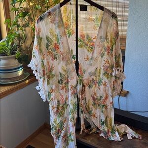 Free Press Green/White Tropical Wrap swimsuit cover up (OS) Fringe cruise ship